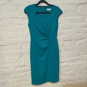 Teal Cap Sleeved Calvin Klein Dress with Rouch